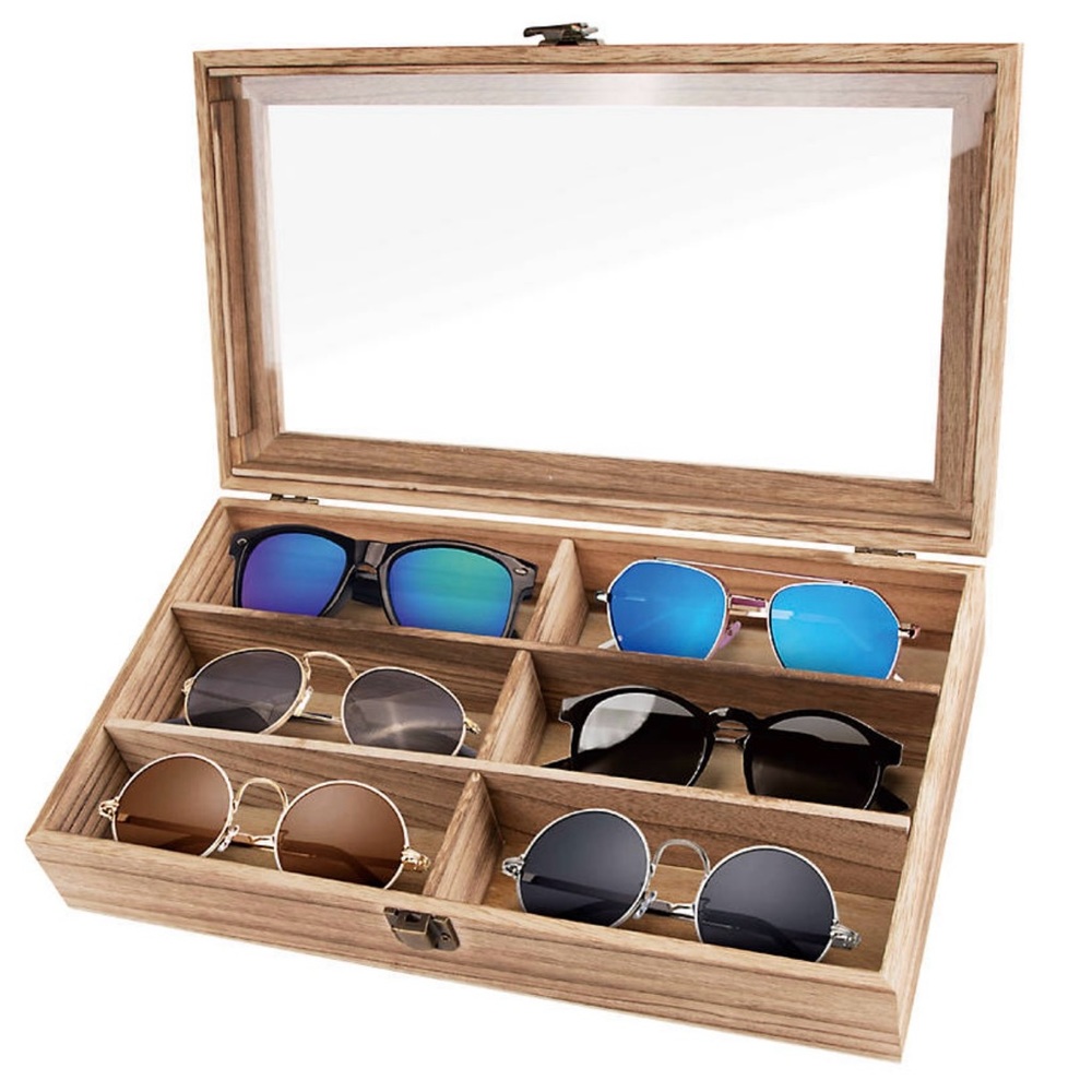 REVO Eyewear Case Sunglasses Eye Glasses Organizer Six Pair Wood & Glass Box NWT